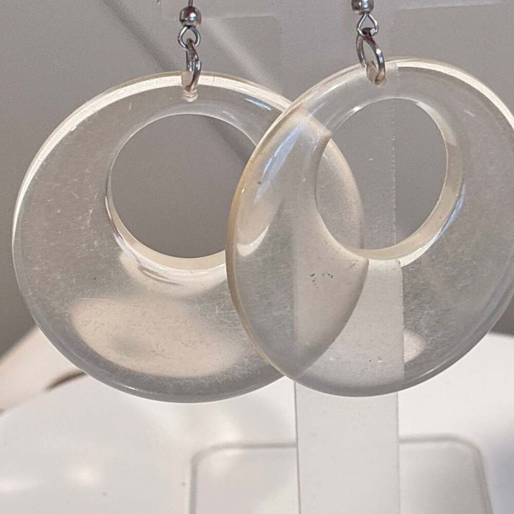 Vintage Lucite Hoop Earrings Opaque White Plastic